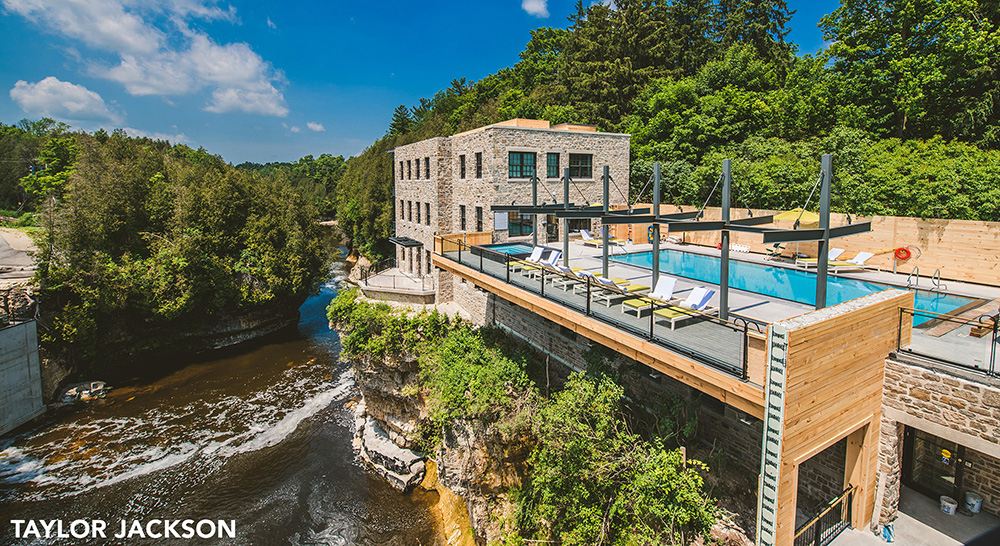 Elevated outdoor pool over the Elora Gorge at Elora Mills Hotel & Spa in Elora, Ontario